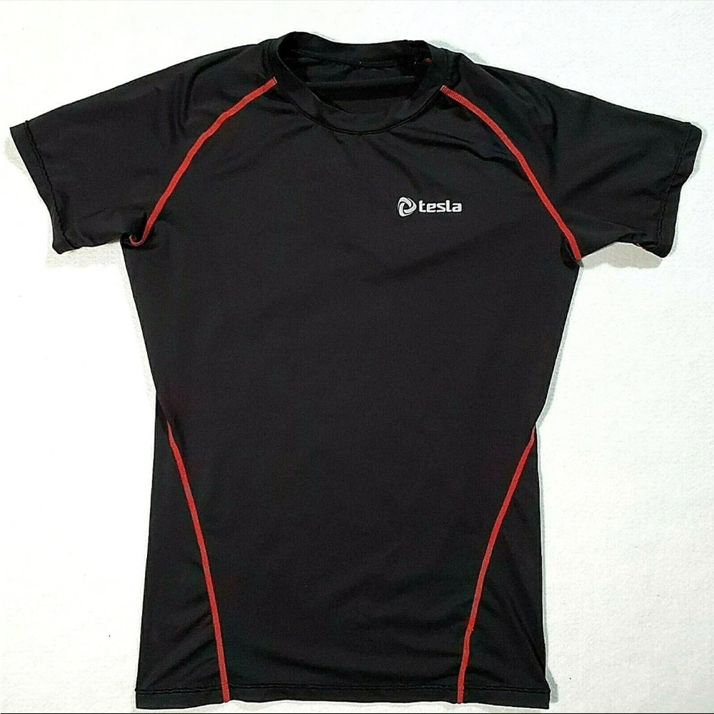 TESLA | Men’s Fitted Moisture Wicking T-shirt | Black & Red | Size M